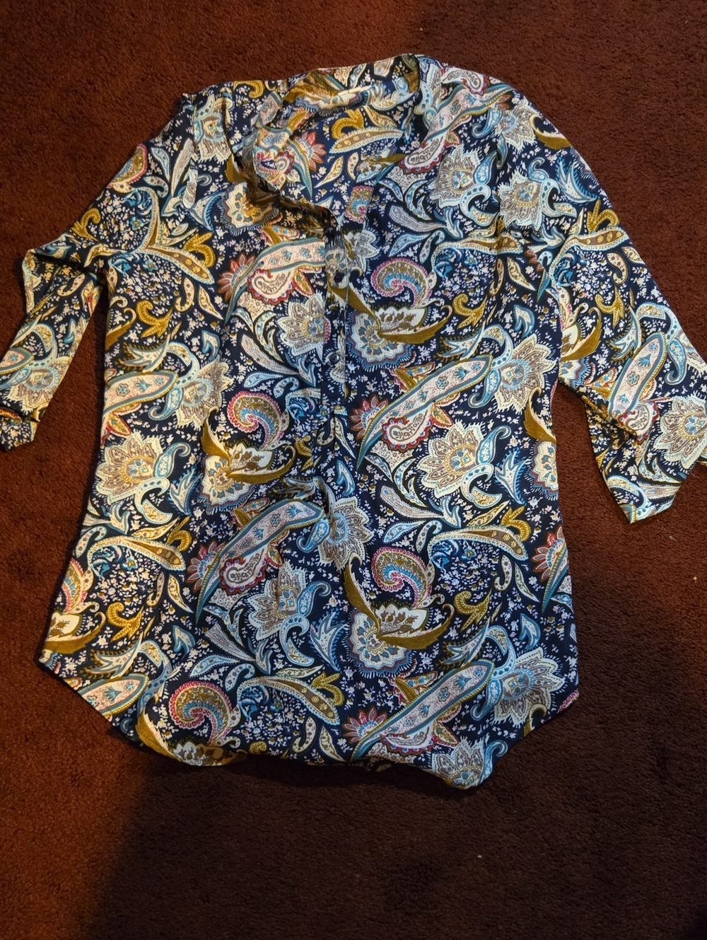 Paisley Button-Up Blouse in Navy, Mustard & Teal